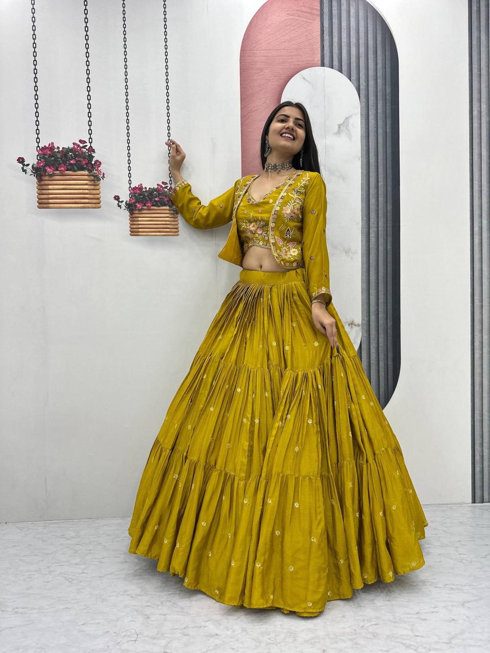 Pc 538 Chinon Yellow Surat wedding lehenga choli