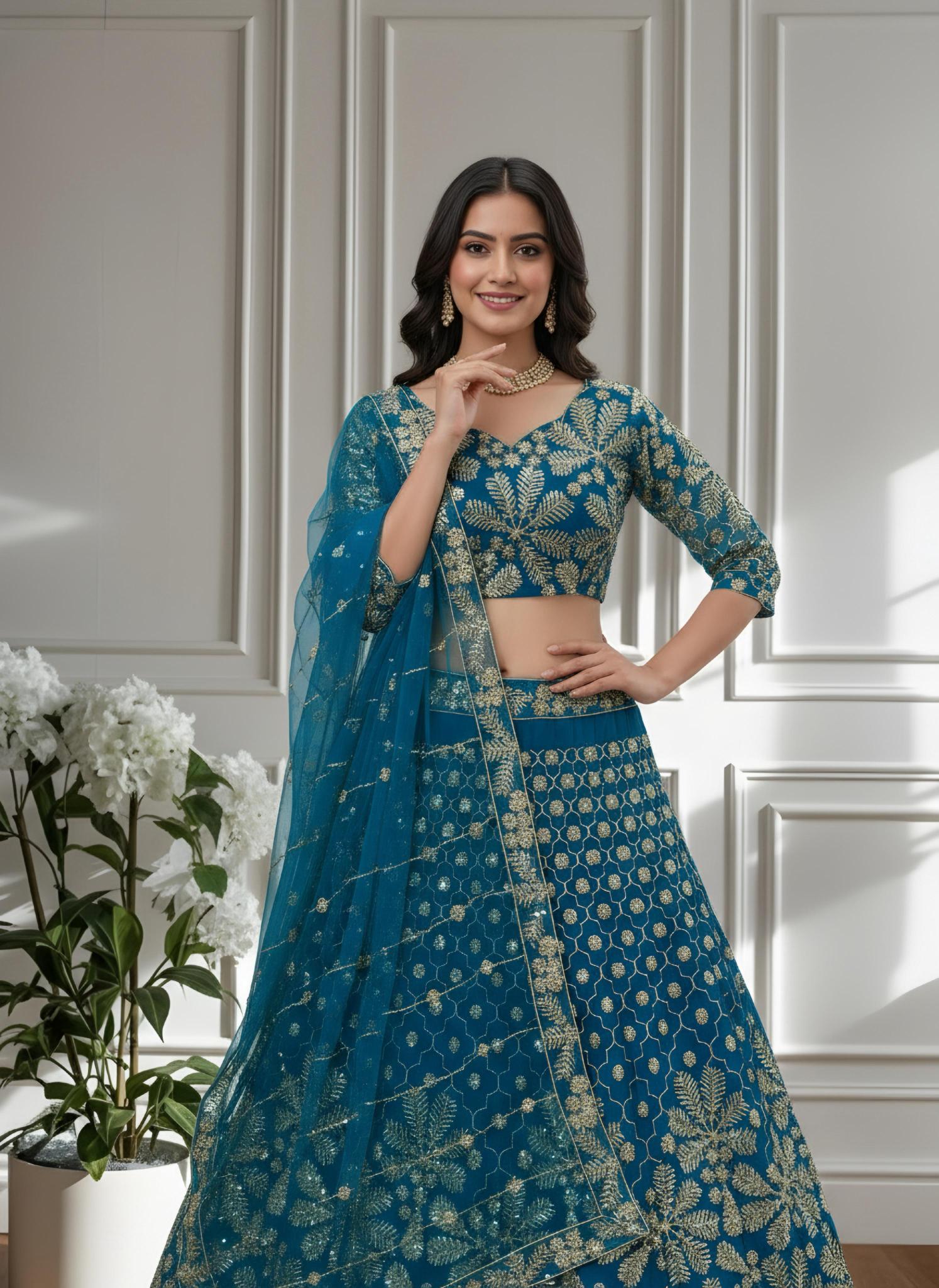 Shine in style with this beautifully Butterfly Net Rama Blue Wholesale bridal lehenga choli in Mumbai