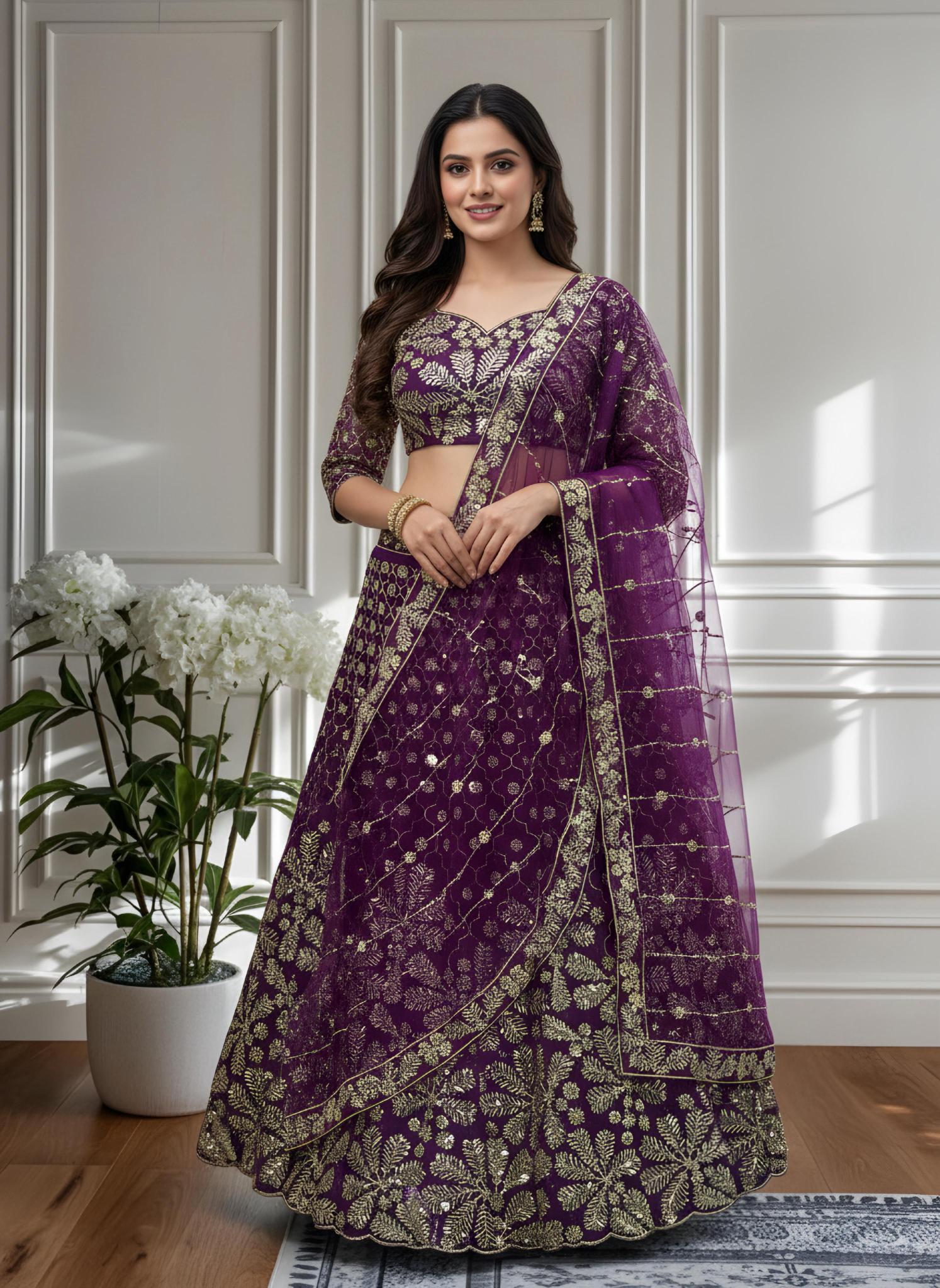 Shine in style with this beautifully Butterfly Net Wine Bollywood lehenga choli wholesale in Mumbai