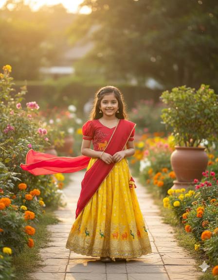 Beautiful Deer Duck Maggam Chinnon Silk Yellow Children boutique in Pune
