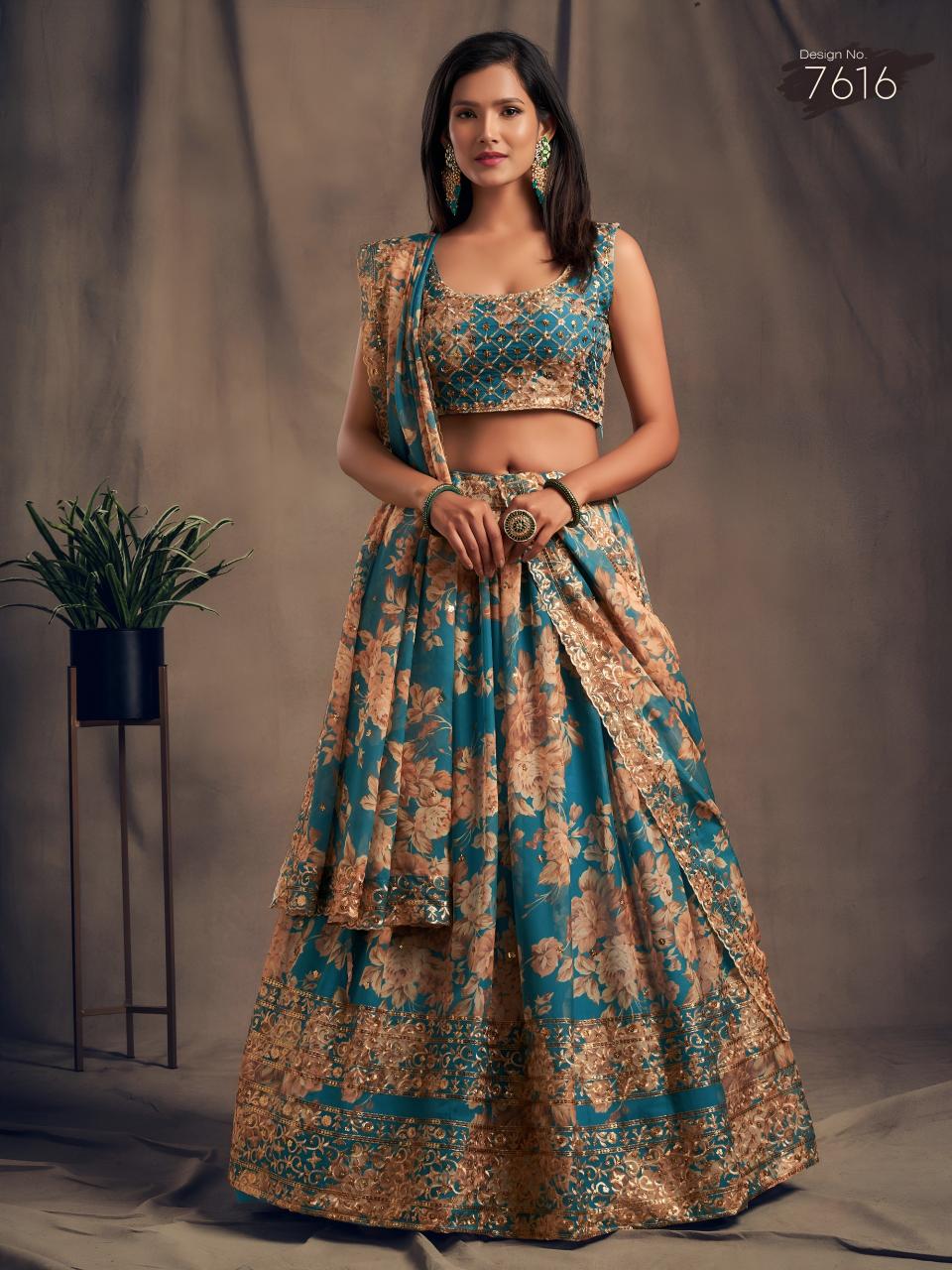 Floral vol 2 Organza Teal Blue Lehenga choli manufacturer in Delhi