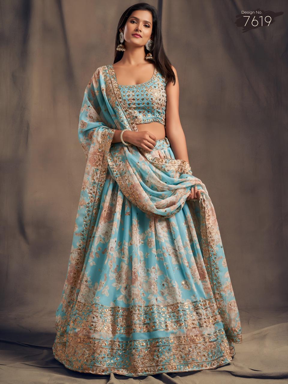 Floral vol 2 Sky Blue Organza Indian lehenga choli supplier