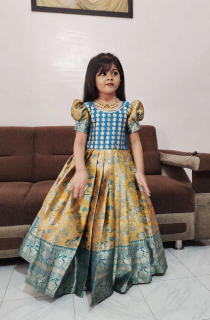 kids gown kanjivaram silk Blue Distributors of kids wear in kolkata