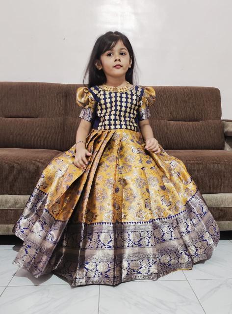 kids gown kanjivaram silk Yellow Bulk orders for kids wear in kolkata
