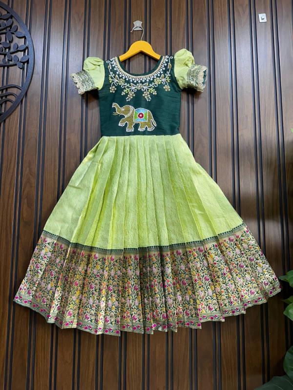 Kids gown paithani silk Green Kids party wear wholesale in Surat