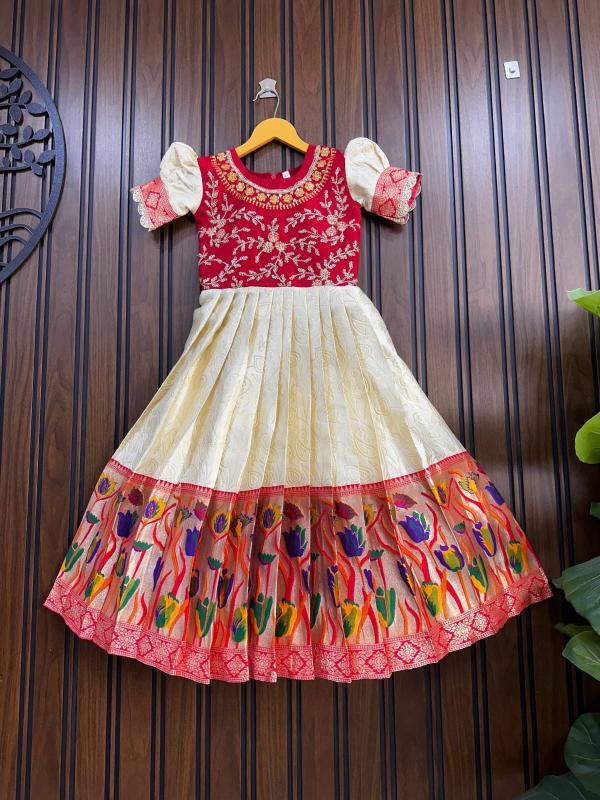 Kids gown paithani silk Orange Children clothing wholesale market in India