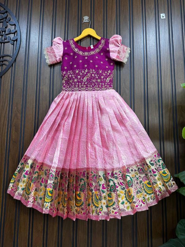 Kids gown paithani silk Pink Indian wholesale children wear