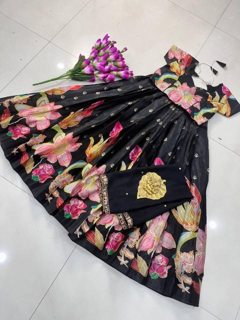 kids lehenga chinon silk Black Kids party wear wholesale in kolkata