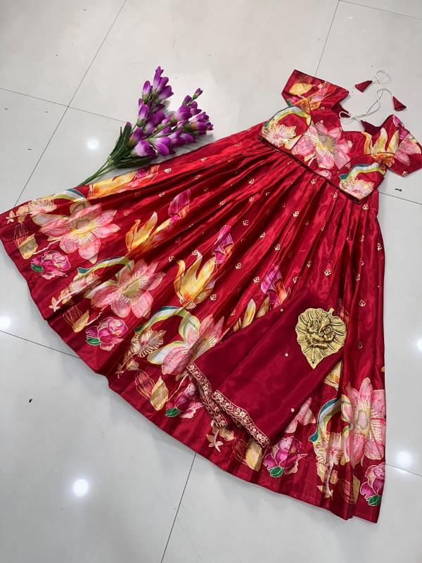 kids lehenga chinon silk Red Girls clothing wholesale in kolkata