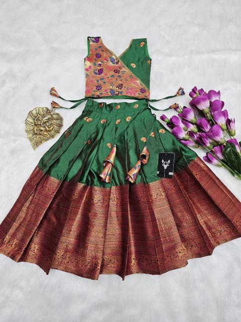 kids lehenga choli kanjivaram silk Green Cheap kids wear supplier in Surat