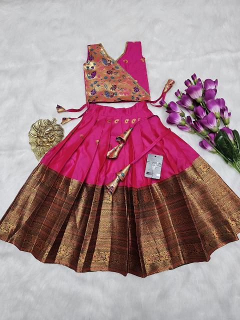 kids lehenga choli kanjivaram silk Pink Bulk kids wear distributor in Surat