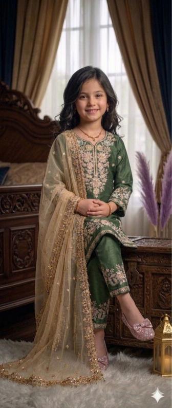 NEW COLOUR RRK  002 GMY SILK Green Kids clothing distributor in Delhi
