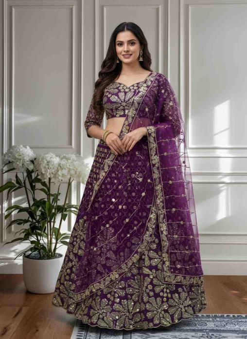 PLUS5133 Butterfly Net Purple Designer Lehenga Choli Wholesaler in Kolkata