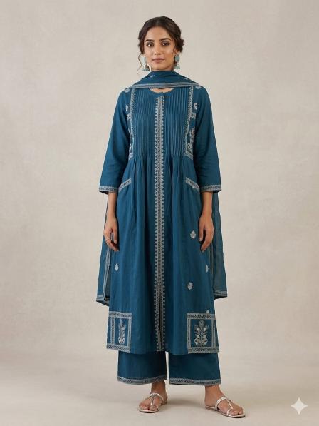 Jaipuri 3pcs teal blue wholesale indigo cotton kurti 