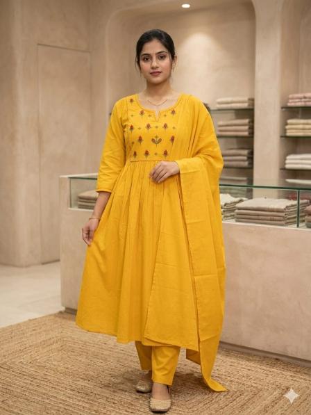 Jaipuri anarkali 3pcs mustard wholesale kurti suppliers in jaipur 