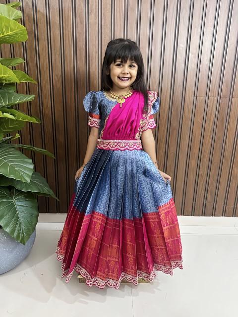 kids gown kanjivaram silk Blue Children party wear wholesaler in Kolkata