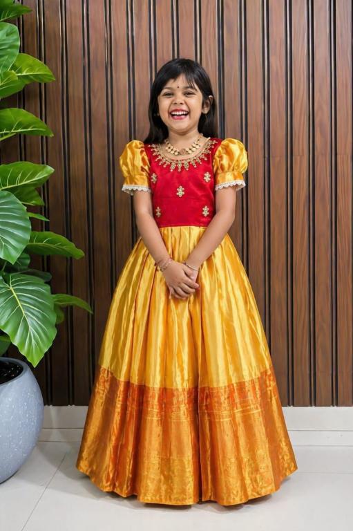 kids gown kanjivaram silk Orange Bulk kids clothing in Kolkata