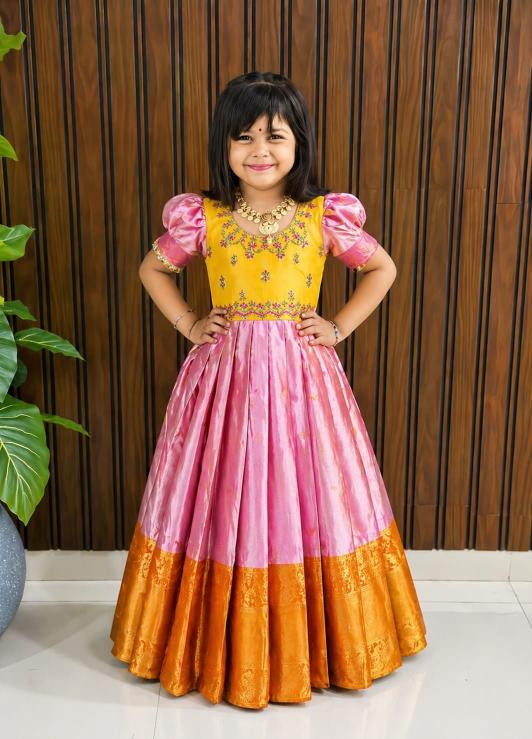 kids gown kanjivaram silk Pink Kids apparel distributor in Kolkata