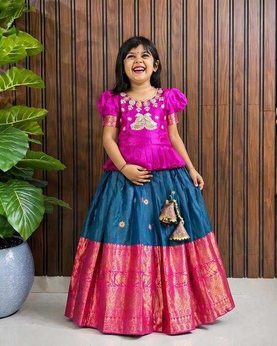 kids lehenga lichi silk Blue Delhi kids wear market price
