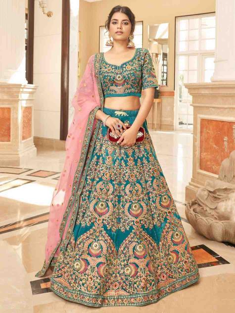 Zeel Cultural vol 2 Organza Bottle Teal velvet Designer lehenga choli wholesale