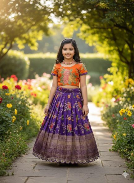 Beautiful Flower Position Work Natural crape Purple Kids kurti suppliers in Gujarat
