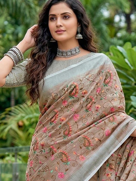 KARISHMA BY SHREE SHYAM FASHION fancy designer LINEN FABRIC WITH EMBRODARY WORK fabric saree wholesale with Fancy latkan