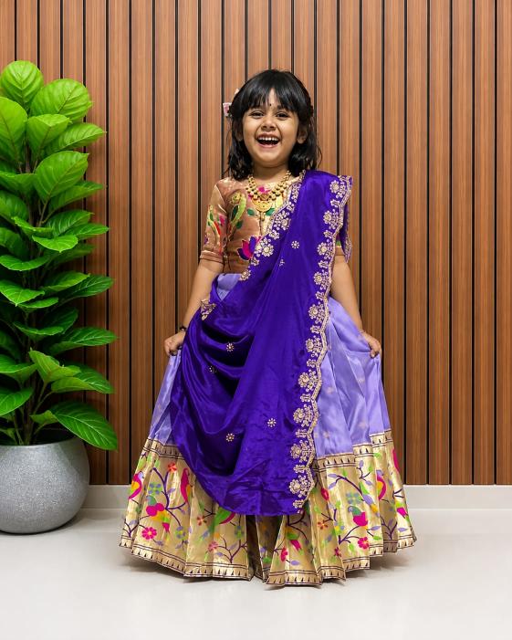kids pure heavy paithani silk Blue Kids party wear lehenga
