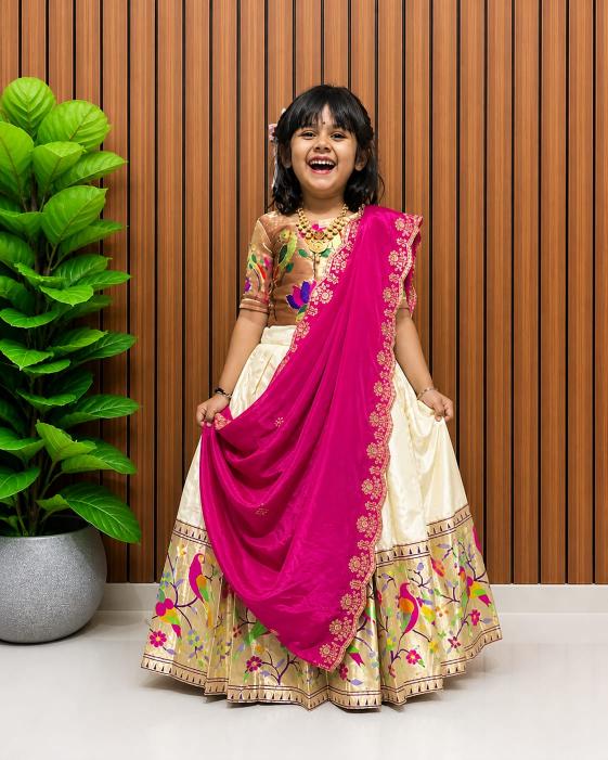 kids pure heavy paithani silk Cream Traditional lehenga for girls