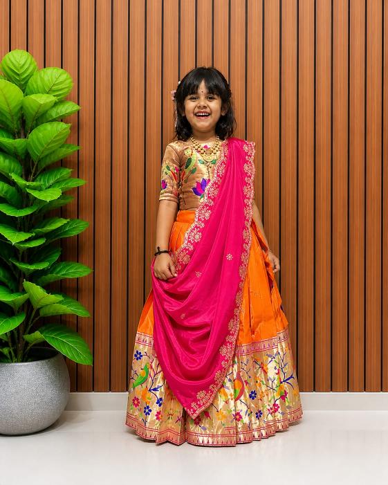 kids pure heavy paithani silk Orange Wholesale lehenga choli for kids