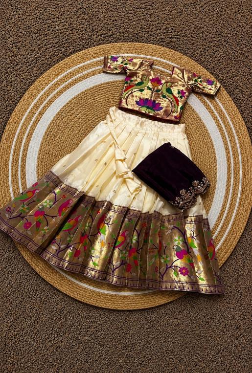 kids pure heavy paithani silk White Customized kids lehenga