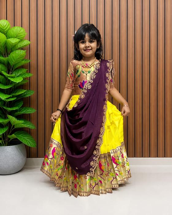 kids pure heavy paithani silk Yellow Kids lehenga online shopping