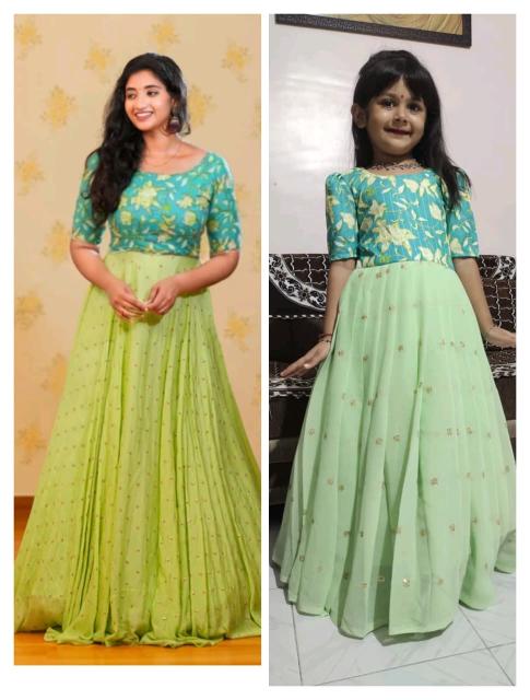 NEW LAUNCING mother daughter combo GOWN Georgette silk Green Traditional kids wear exporter