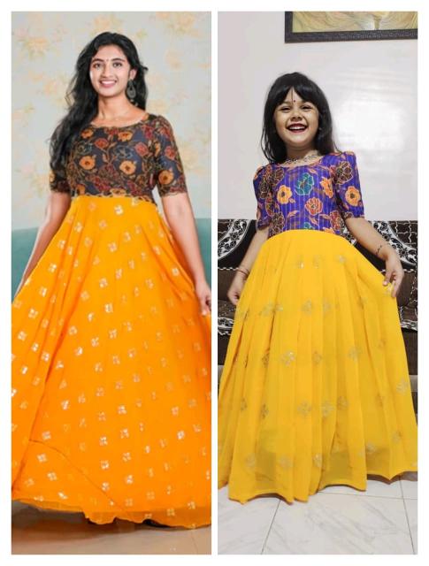 NEW LAUNCING mother daughter combo GOWN Georgette silk Yellow Indian kids wear supplier