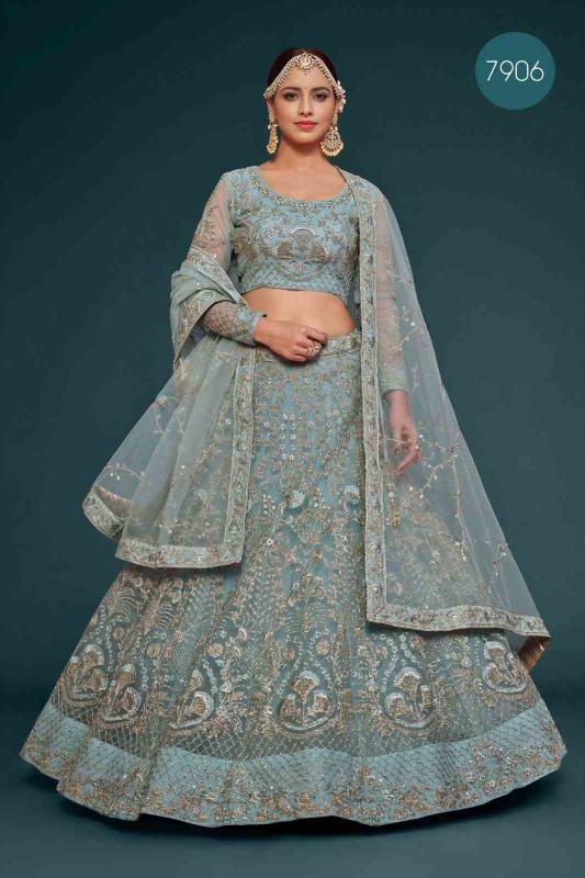 The shimmers vol 1 Soft Net Pastel Aqua Indian lehenga choli manufacturers
