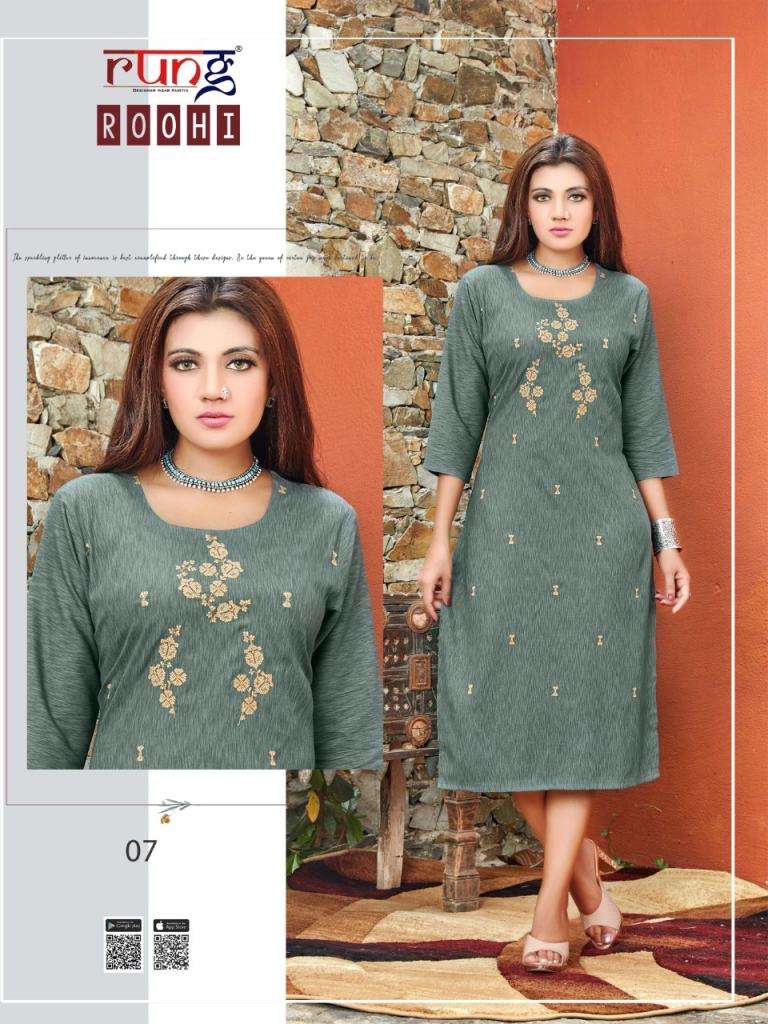 Rung presents Roohi Casual Wear Embroidery work Kurtis Catalog