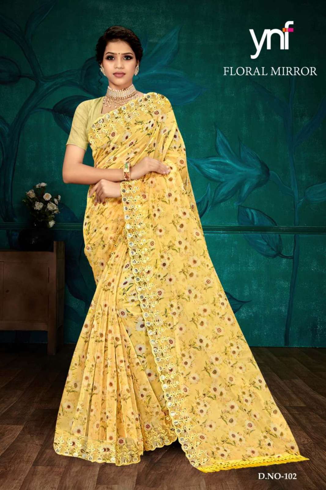 YNF FLORAL MIRROR DIGITAL PRINTED ORGANZA SAREE WHOLESALE COLLECTION