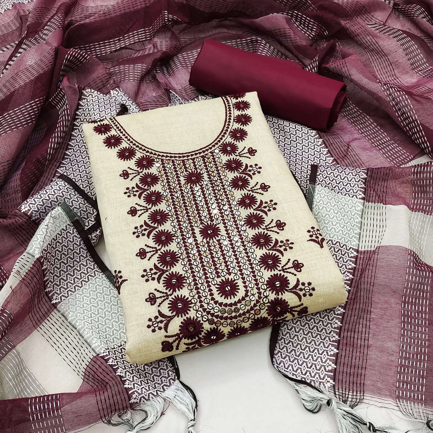 Khadi Cotton Printed And Embroidered Suit Dress Material