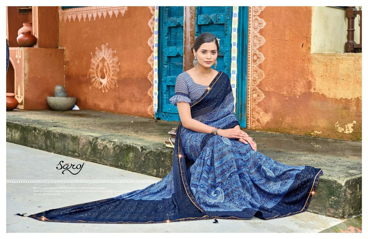 Royal Blue Moss Chiffon Saree