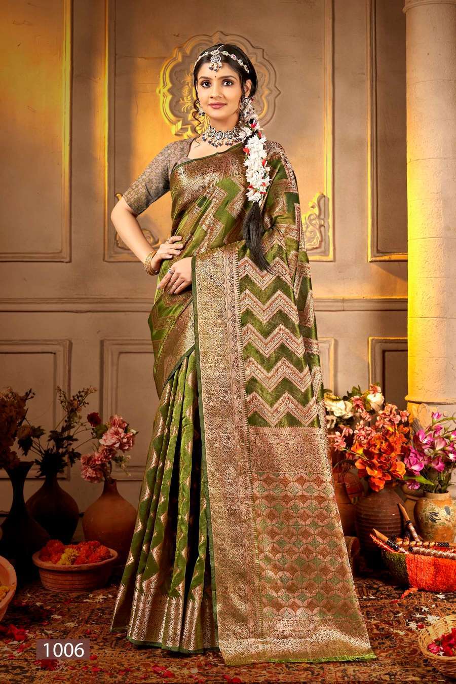 Buy Festival Wear Green Weaving Organza Saree Online From Surat Wholesale  Shop.