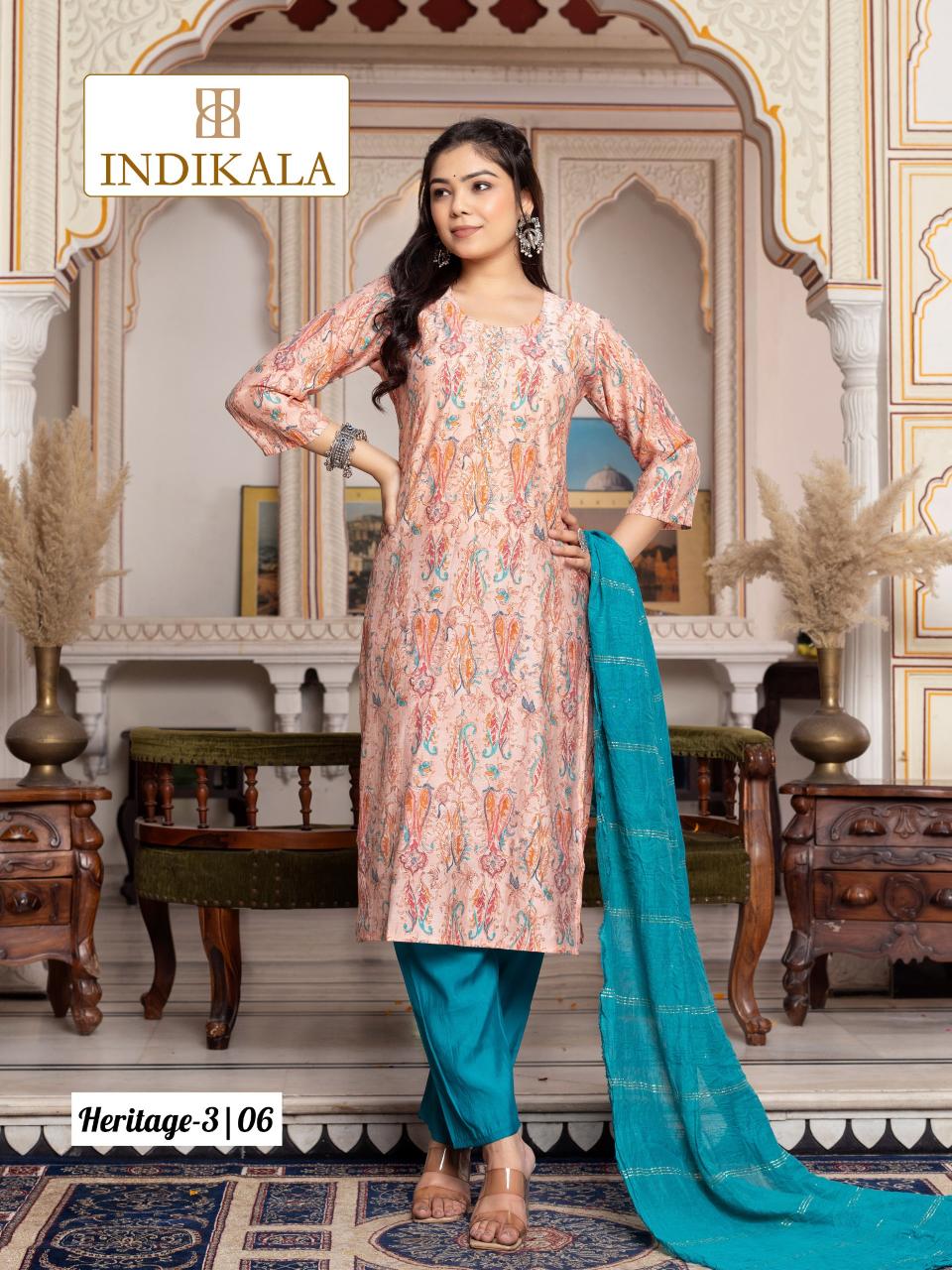 Indikala Heritage 3 Chanderi printed kurti set wholesale catalog