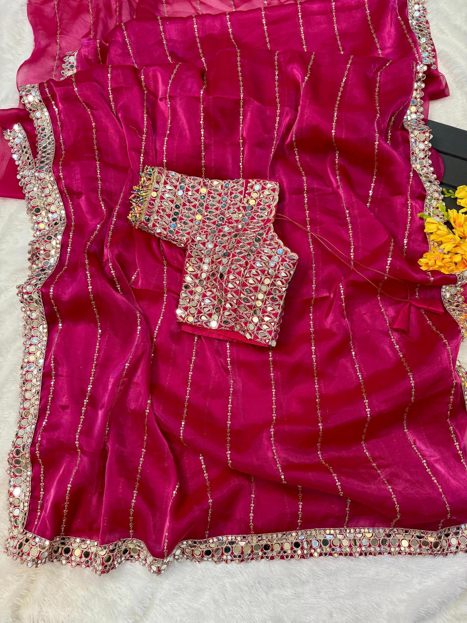 BINDI MIRROR WORK SAREE WITH HEAVY BLOUSE WORK SAREES FROM SURAT ONLINE SHOPPING