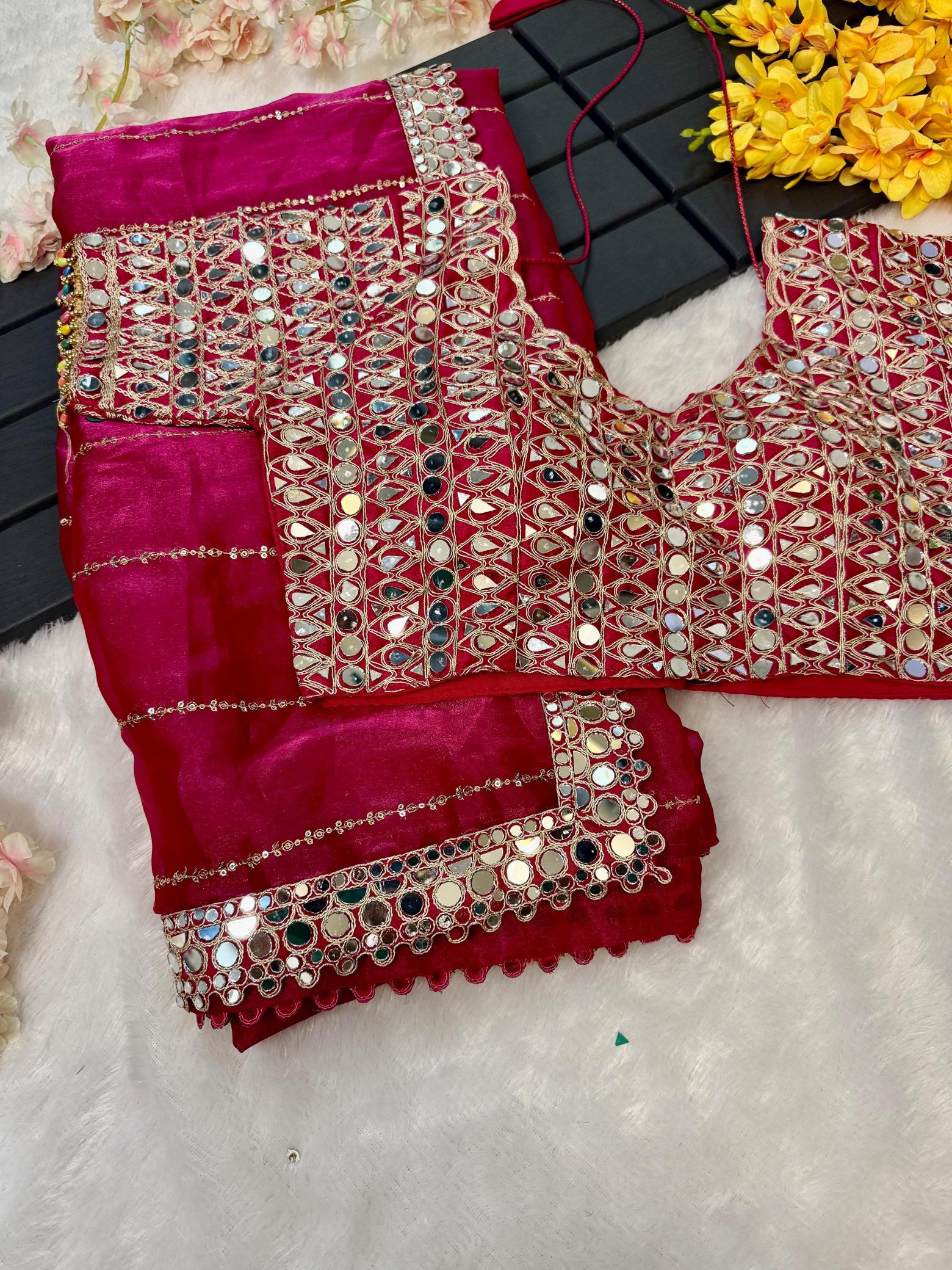 BINDI MIRROR WORK SAREE WITH HEAVY BLOUSE WORK SAREES FROM SURAT ONLINE SHOPPING