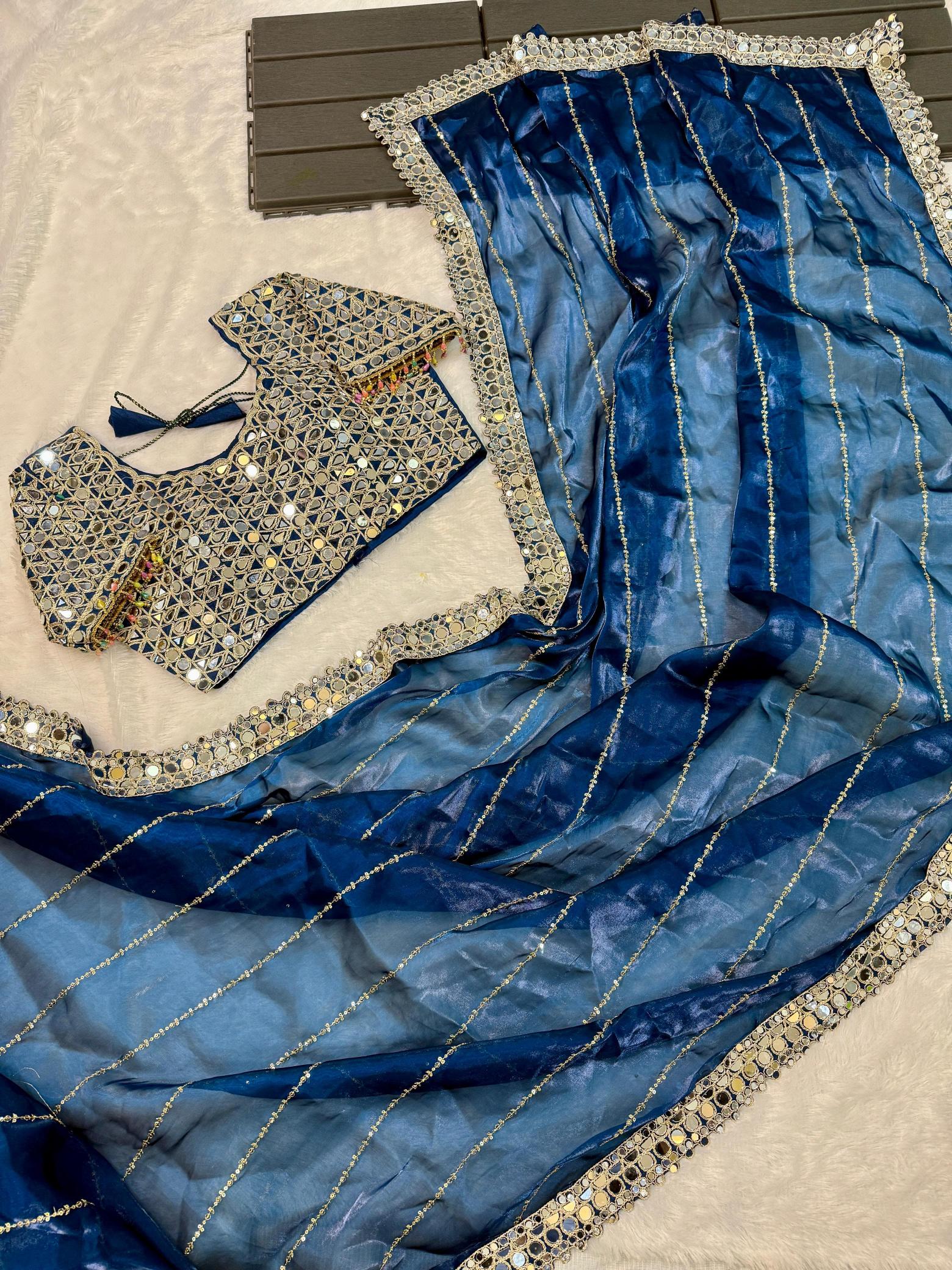 BINDI MIRROR WORK SAREE WITH HEAVY BLOUSE WORK SAREES FROM SURAT ONLINE SHOPPING
