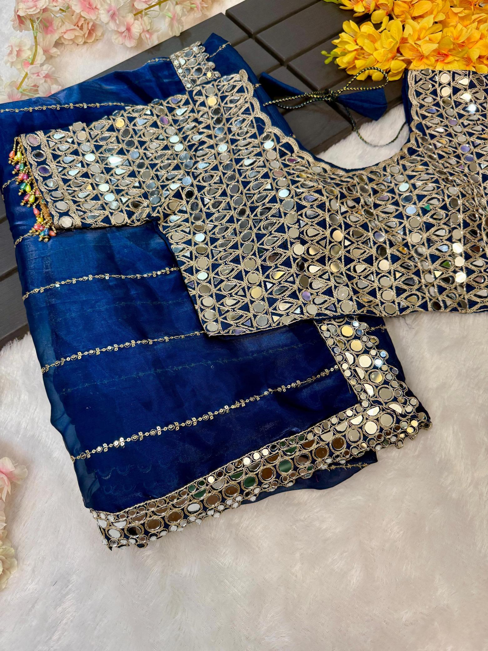BINDI MIRROR WORK SAREE WITH HEAVY BLOUSE WORK SAREES FROM SURAT ONLINE SHOPPING