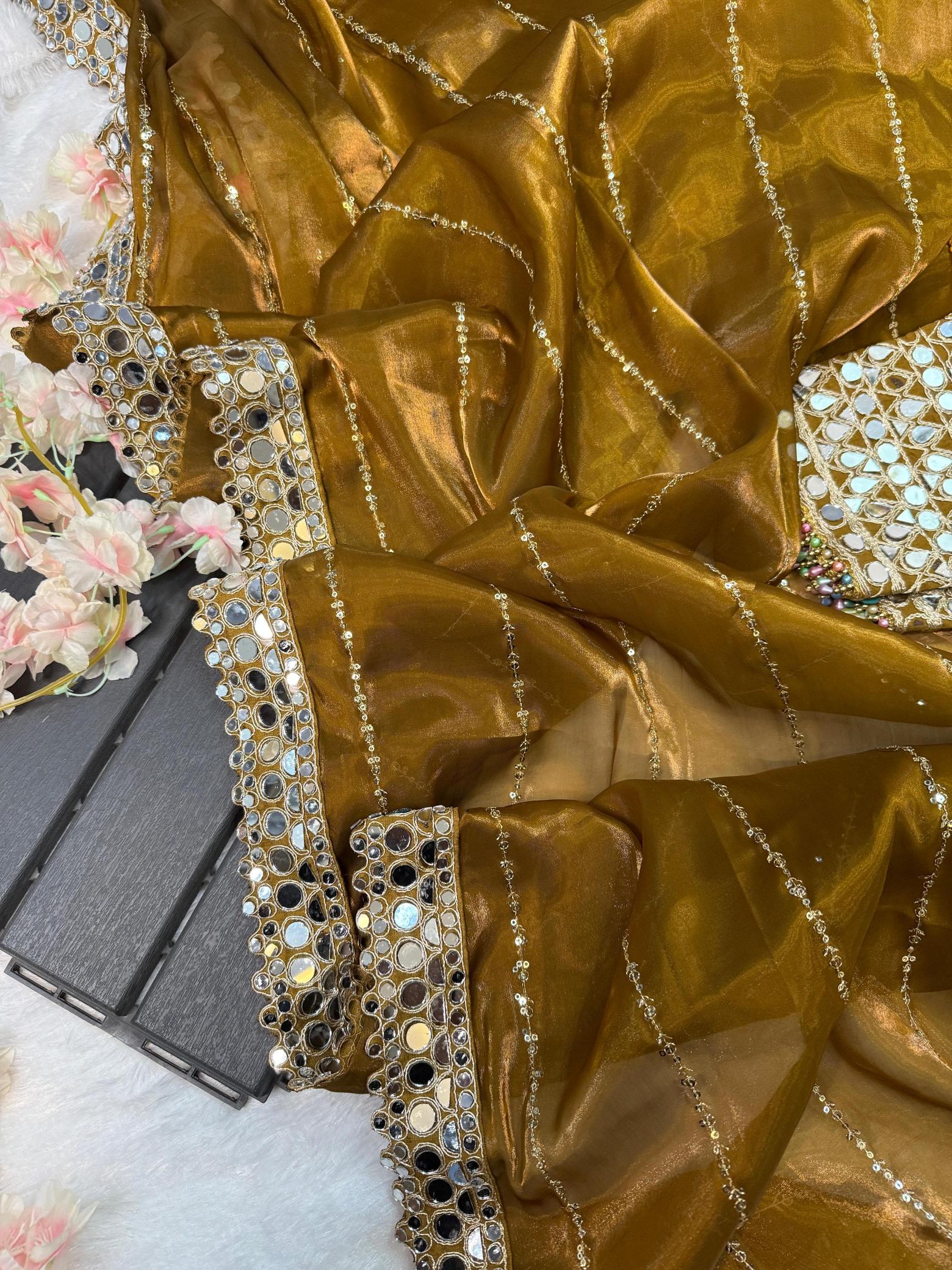 BINDI MIRROR WORK SAREE WITH HEAVY BLOUSE WORK SAREES FROM SURAT ONLINE SHOPPING