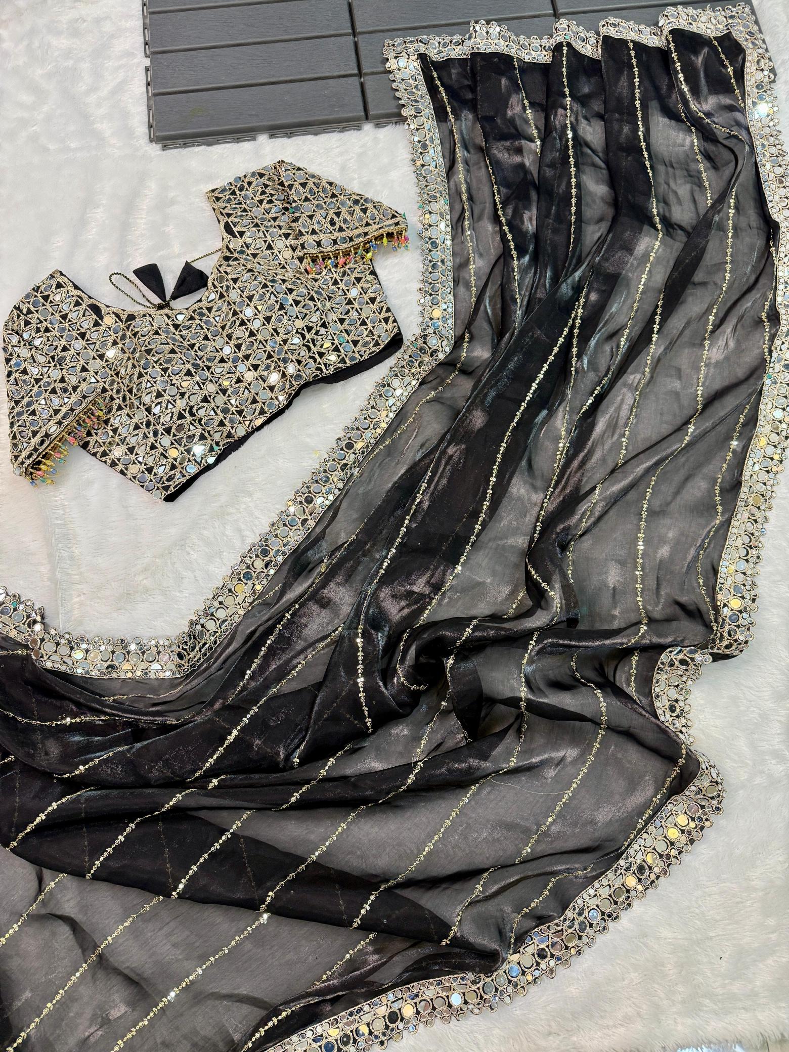 BINDI MIRROR WORK SAREE WITH HEAVY BLOUSE WORK SAREES FROM SURAT ONLINE SHOPPING