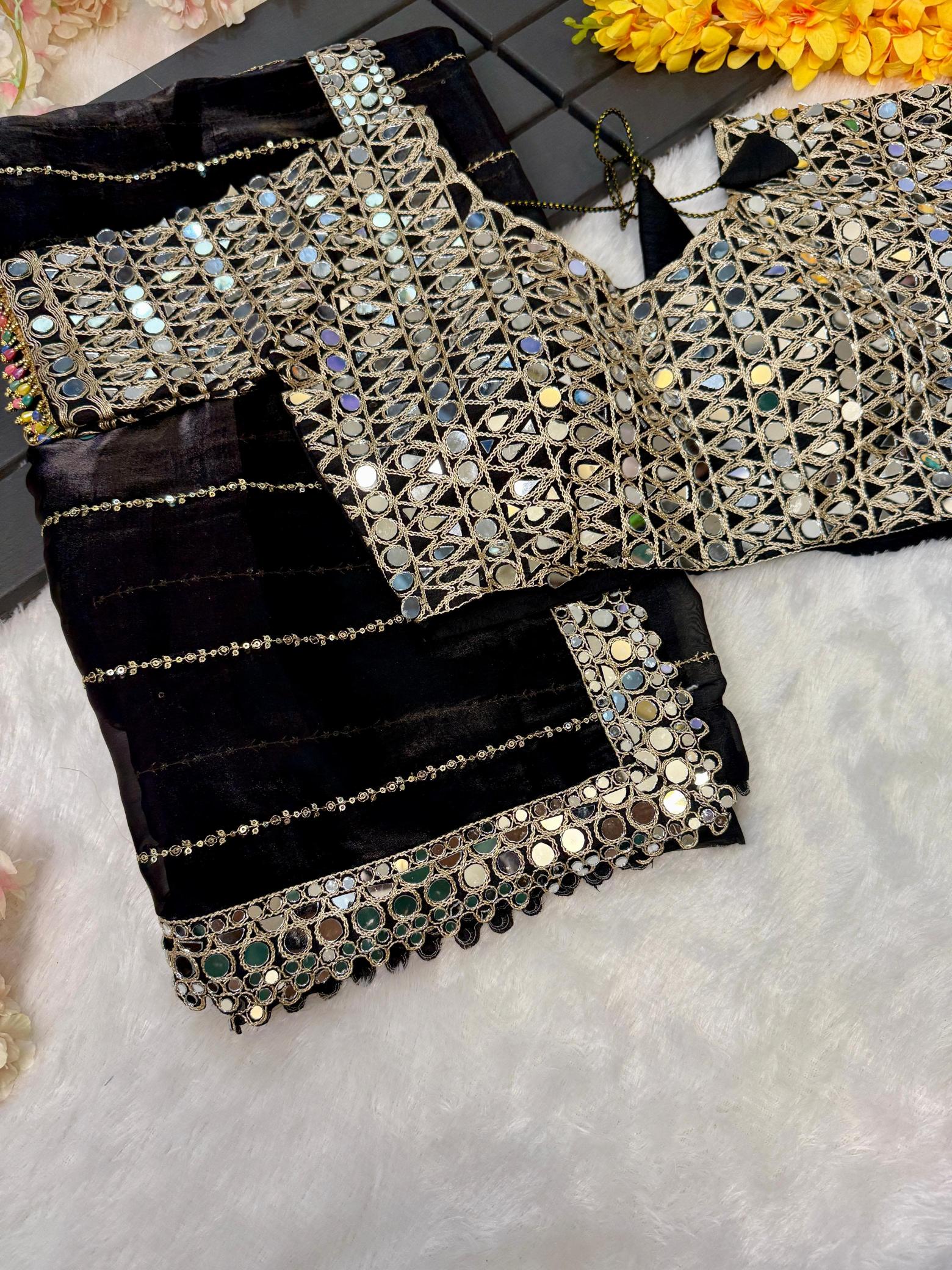 BINDI MIRROR WORK SAREE WITH HEAVY BLOUSE WORK SAREES FROM SURAT ONLINE SHOPPING