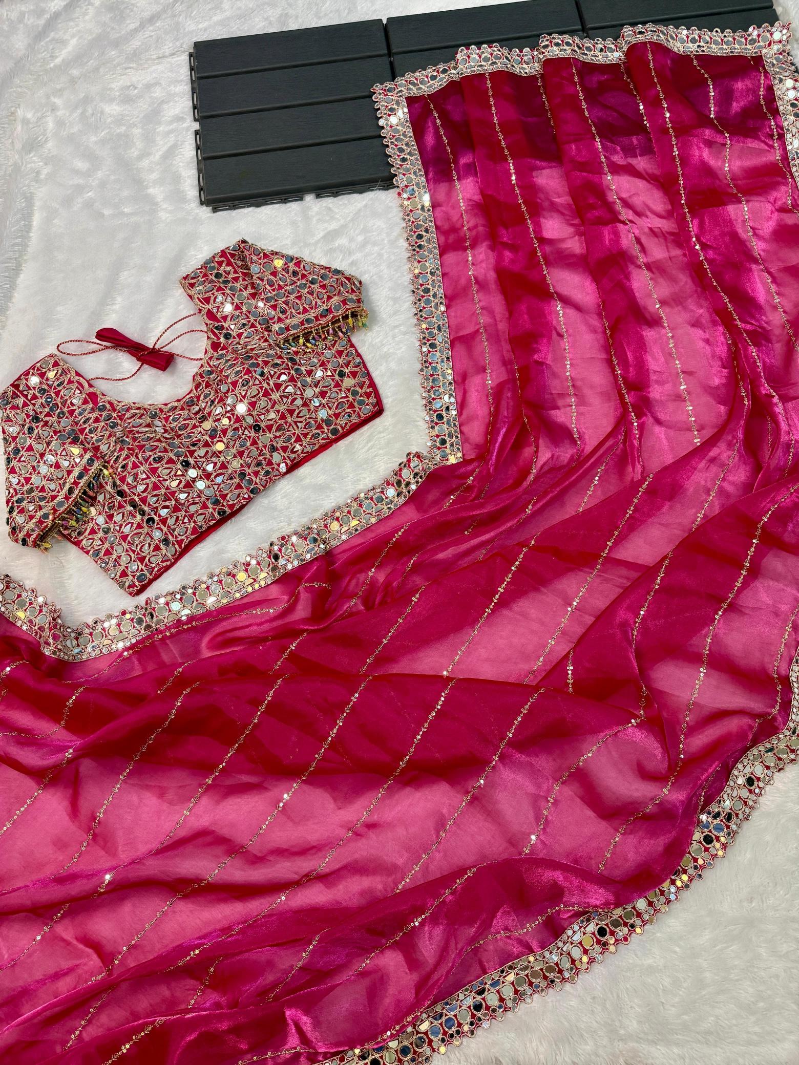 BINDI MIRROR WORK SAREE WITH HEAVY BLOUSE WORK SAREES FROM SURAT ONLINE SHOPPING