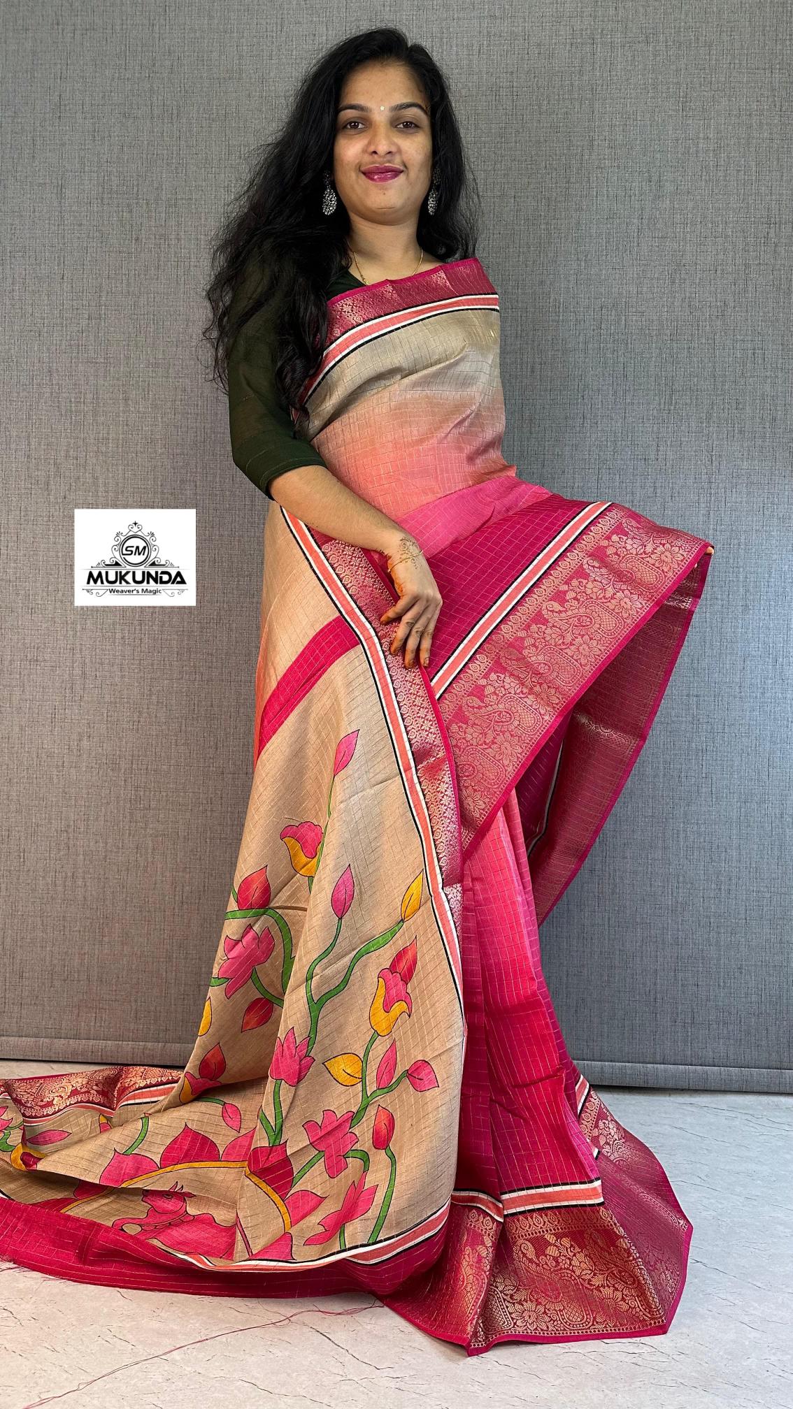 Beautiful venkatagiri silk sarees with zari border kalamkari pallu wholesale sarees in surat with low price