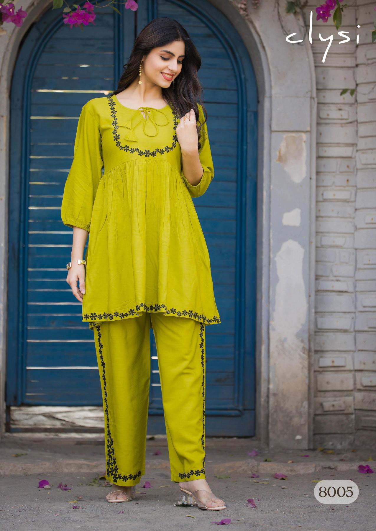 Clysi rozella rayon slub co ord set branded kurti manufacturer